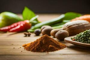 AI generated a variety of spices and vegetables on a wooden table photo