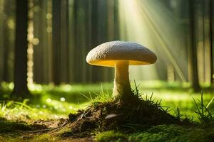 AI generated a mushroom is standing on top of a stump in the middle of a forest photo