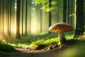 AI generated photo wallpaper forest, the sun, mushrooms, path, path in the forest, mushrooms, path