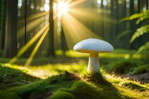 AI generated photo wallpaper forest, sun, light, light, mushroom, mushroom, mushroom, mushroom, mushroom