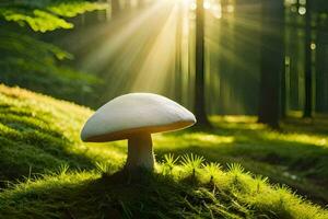 AI generated a mushroom is standing in the middle of a green forest photo