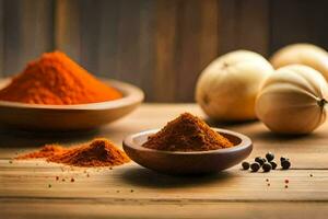 AI generated spices and spices on a wooden table photo