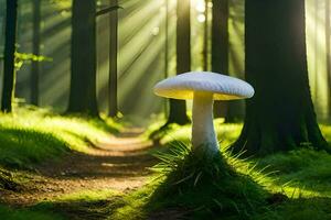 AI generated a white mushroom stands in the middle of a forest photo