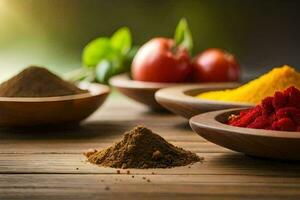 AI generated spices in bowls on a wooden table photo
