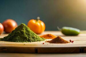 AI generated green powder and spices on a cutting board photo