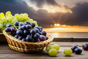 grapes in a basket on a wooden table with sunset in the background. AI-Generated photo