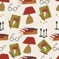 Reading concept seamless pattern on beige background. Pile of books, notebook, lamp, glasses and candles. Cozy autumn reading. vector