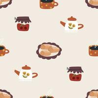 Cinnamon buns, jam, teapot and cup - seamless pattern on beige background. Cute and cozy cafe or bakery elements. Autumn mood. vector