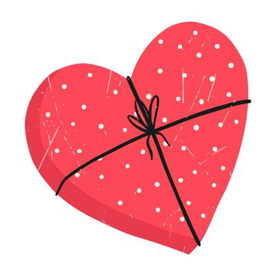 Hand drawn gift or candy box in shape of heart, cartoon flat vector illustration isolated on white background. Cute Valentines day present with grunge texture. Symbol of love.