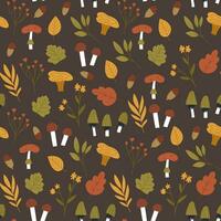 Autumn seamless pattern with leaves, flowers, mushrooms and acorn. Brown background with cute hand drawn fall botany elements. vector