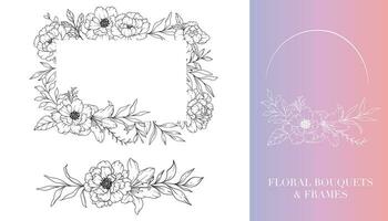 Peony Line Drawing. Floral Frames and Bouquets. Floral Line Art. Fine Line Peony Frames Hand Drawn Illustration. Hand Drawn Outline Magnolias. Botanical Coloring Page. Peony Isolated vector