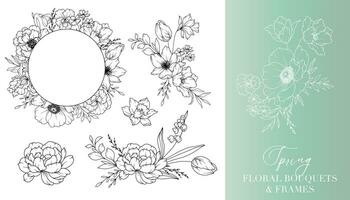 primavera flores línea dibujo. floral marcos y ramos de flores floral línea Arte. multa línea primavera marcos mano dibujado ilustración. mano dibujado contorno flores Boda invitaciones y tarjetas diseño elemento vector