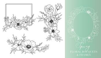 primavera flores línea dibujo. floral marcos y ramos de flores floral línea Arte. multa línea primavera marcos mano dibujado ilustración. mano dibujado contorno flores Boda invitaciones y tarjetas diseño elemento vector