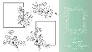 primavera flores línea dibujo. floral marcos y ramos de flores floral línea Arte. multa línea primavera marcos mano dibujado ilustración. mano dibujado contorno flores Boda invitaciones y tarjetas diseño elemento vector