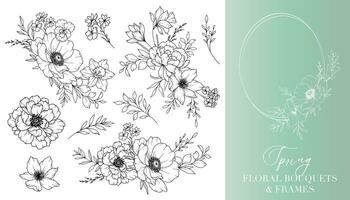 primavera flores línea dibujo. floral marcos y ramos de flores floral línea Arte. multa línea primavera marcos mano dibujado ilustración. mano dibujado contorno flores Boda invitaciones y tarjetas diseño elemento vector