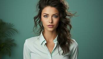 AI generated One beautiful woman, confident and stylish, standing in a modern studio generated by AI photo