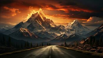 AI generated Majestic mountain peak, snow capped, sunset paints nature tranquil beauty generated by AI photo