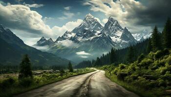 AI generated Tranquil journey through majestic mountain range, nature panoramic beauty generated by AI photo