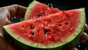 AI generated A refreshing slice of juicy watermelon, perfect for summer snacking generated by AI photo
