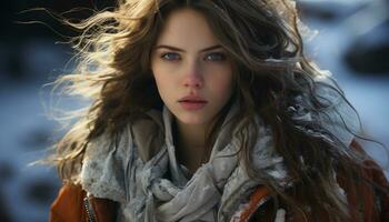 AI generated Beautiful caucasian woman with long brown hair looking at camera generated by AI photo