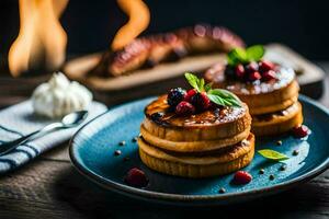 pancakes with berries and cinnamon on a blue plate. AI-Generated photo