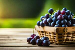 grapes in a basket on a wooden table. AI-Generated photo