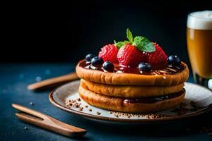 a stack of pancakes with berries and a glass of beer. AI-Generated photo