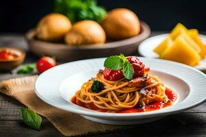 spaghetti with tomato sauce and meat on a plate. AI-Generated photo