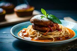 spaghetti with meatballs and tomato sauce on a plate. AI-Generated photo