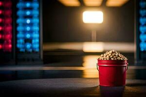 a bucket of peanuts on a dark floor. AI-Generated photo