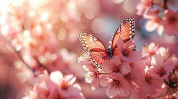 ai generado rosado pétalos, mariposas, y floreciente arboles crear un primavera encantamiento foto