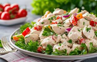 ai generado pollo ensalada en mesa con vegetales foto