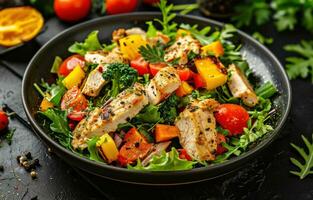 AI generated chicken salad on table with vegetables photo