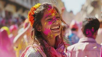 AI generated Bright pigments, playful splatters, and laughter capture the essence of Holi revelry photo