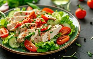 AI generated chicken salad on table with vegetables photo