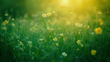 AI generated an image of a green field with blooming flowers photo