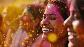 ai generado brillante pigmentos, juguetón salpicaduras, y la risa capturar el esencia de holi jolgorio foto