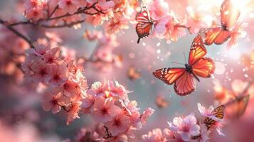 ai generado rosado pétalos, mariposas, y floreciente arboles crear un primavera encantamiento foto