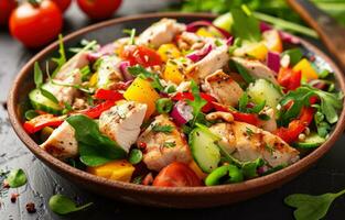 AI generated chicken salad on table with vegetables photo