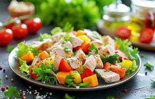 AI generated chicken salad on table with vegetables photo