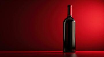 AI generated bottle of dark red wine is placed on a table with a red background photo