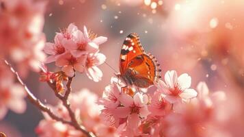 ai generado rosado pétalos, mariposas, y floreciente arboles crear un primavera encantamiento foto