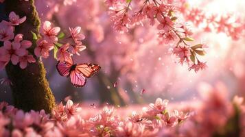 AI generated Pink petals, butterflies, and blooming trees create a springtime enchantment photo