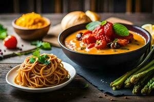 spaghetti with tomato sauce and asparagus. AI-Generated photo