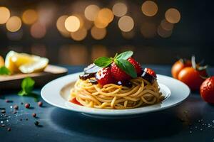 spaghetti with tomato sauce and strawberries on a plate. AI-Generated photo