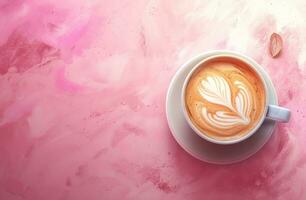 AI generated coffee cup on a pink background with latte art photo