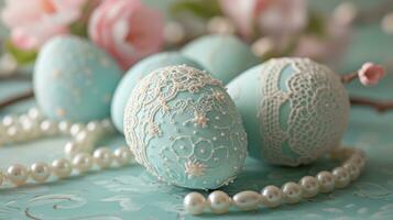 AI generated Delicate egg patterns, lace, and pearls create an Easter card sophistication photo