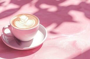 AI generated coffee cup on a pink background with latte art photo