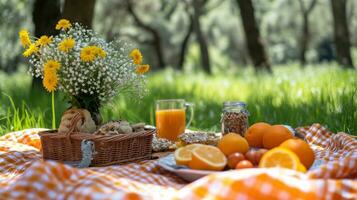 AI generated Gingham blankets, fresh fruit, and sunshine evoke a delightful spring picnic photo