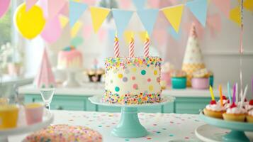 AI generated Decorative bunting, cake, and birthday wishes set a warm celebratory atmosphere photo